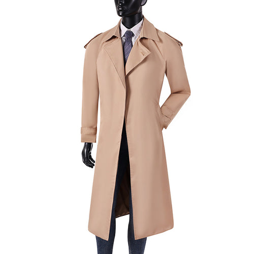 Herren eleganter knie- bis wadenlanger Trenchcoat mit verdeckter Knopfleiste und Schulterklappen Drune