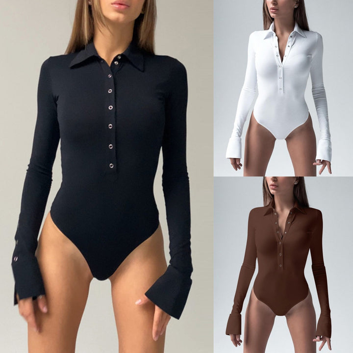 Damen Langarm-Bodysuit mit elegantem Kragen und durchgehender Knopfleiste Drune