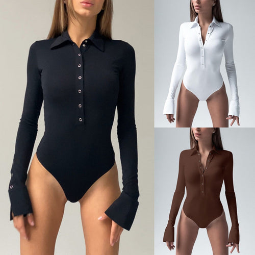 Damen Langarm-Bodysuit mit elegantem Kragen und durchgehender Knopfleiste Drune