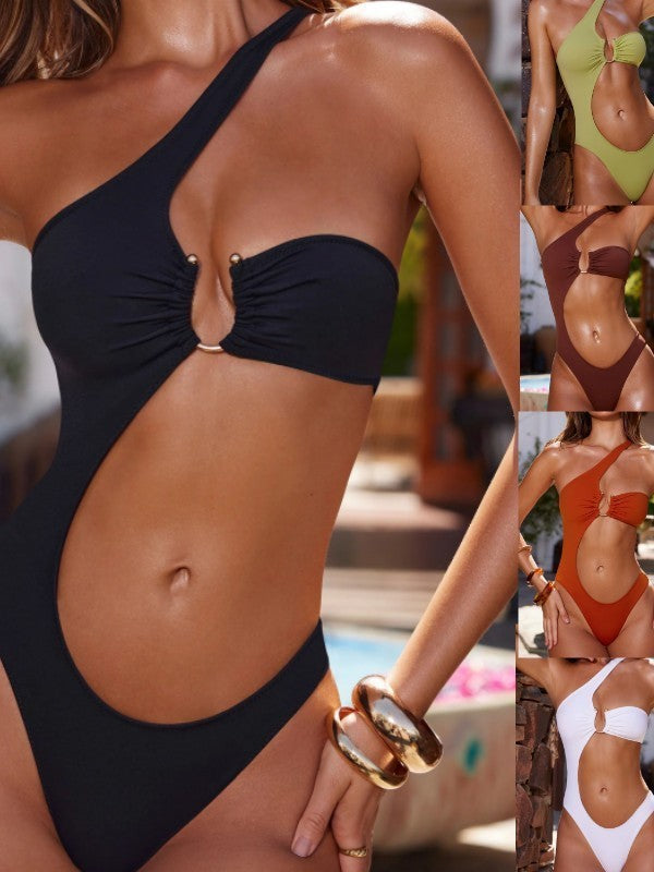 Damen Einseitiger Badeanzug mit Dekorativem Cut-Out und Rüschendetail Drune