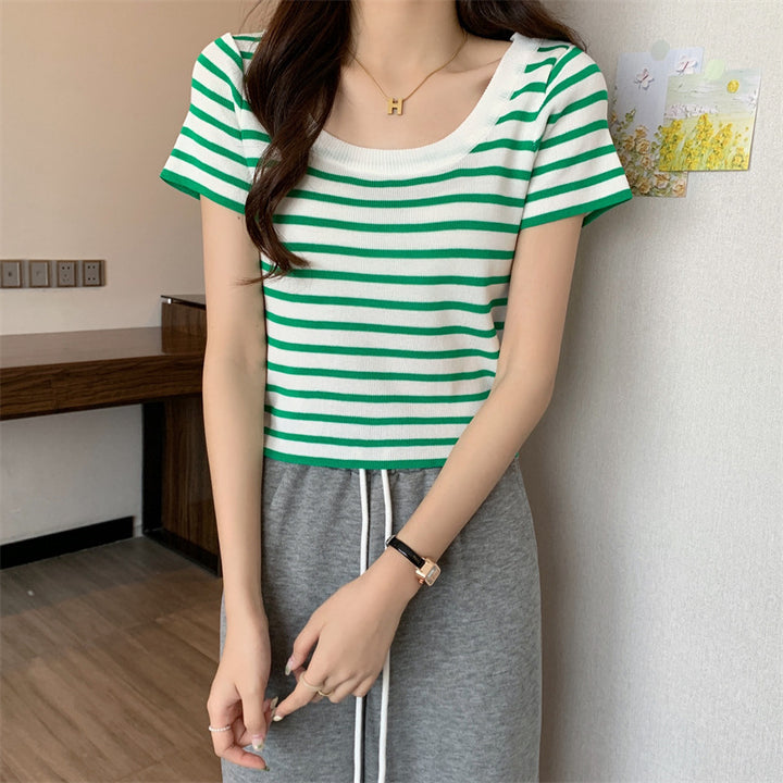 Damen cropped Streifenoberteil mit modernem Knoten-Design und elastischem Saum Drune