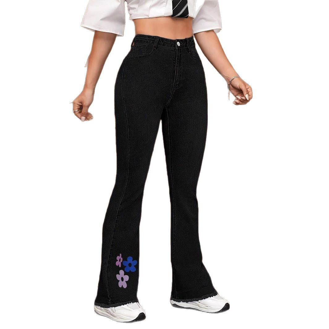 Damen High-Waist Denim-Jeans mit leicht ausgestelltem Bein und Blumen-Print Drune