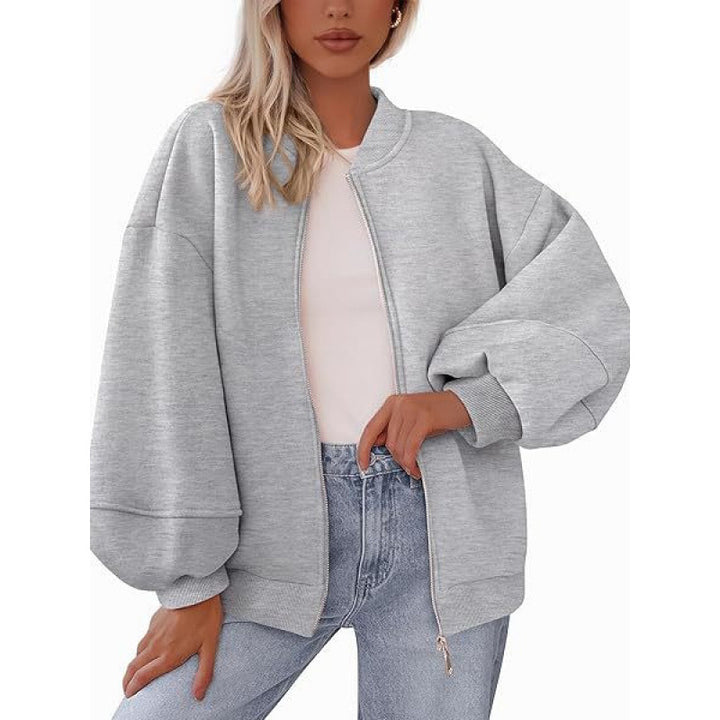 Damen lässige Oversized-Jacke mit Reißverschluss und ballonen Ärmeln Drune