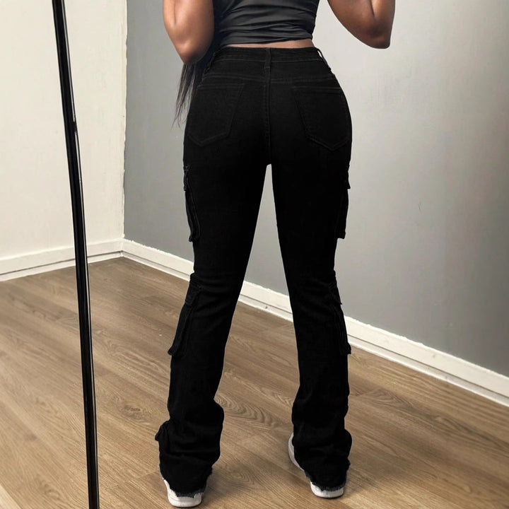 Damen Hochtaillierte Cargo-Jeans mit Mehrfach-Pattentaschen und langem Bein Drune