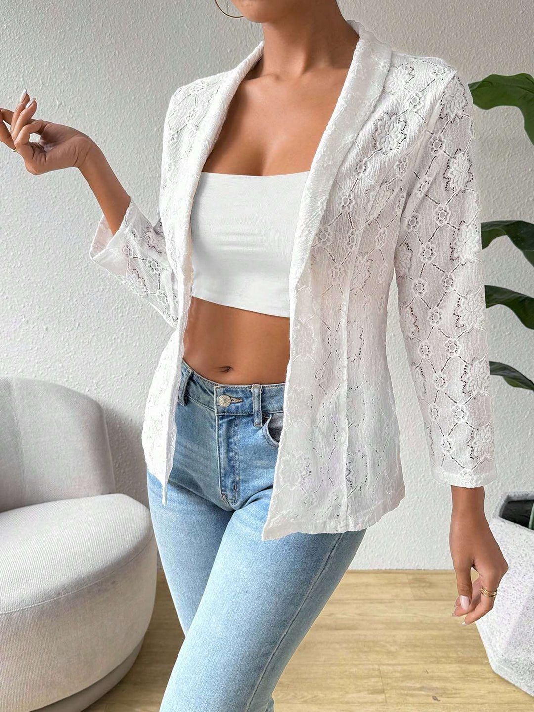 Damen nan transparenter Spitzenblazer mit Schalkragen und dreiviertellangen Ärmeln Drune