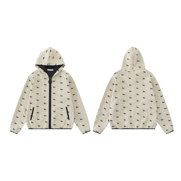 Damen Leichte Kapuzen-Zipjacke mit Hundesilhouette und Tupfen-Allover Drune