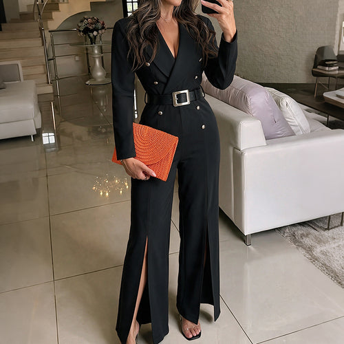 Damen Eleganter Jumpsuit mit tiefem V-Ausschnitt und schmalem Gürtel Drune
