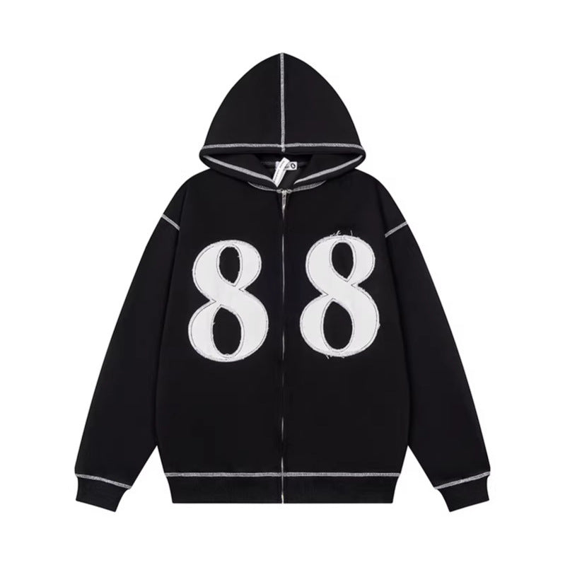 Unisex Oversize-Kapuzenjacke mit durchgehendem Reißverschluss und Ziffern-Applikationen Drune