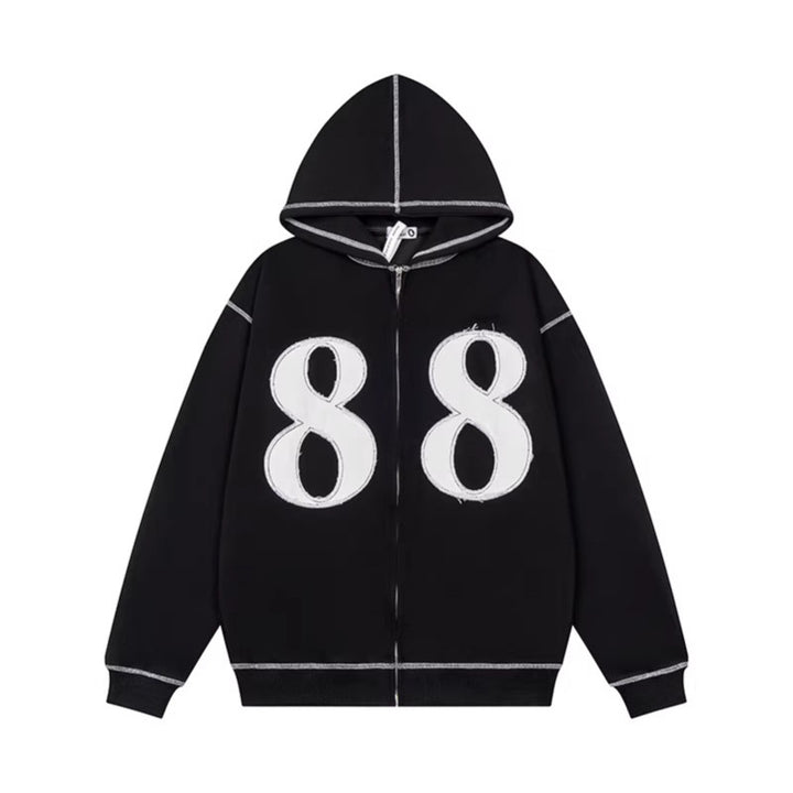 Unisex Oversize-Kapuzenjacke mit durchgehendem Reißverschluss und Ziffern-Applikationen Drune