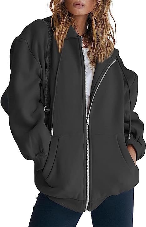 Damen nan oversized Kapuzenjacke mit durchgehendem Reißverschluss Kängurutaschen und weichem Sweatmaterial Drune