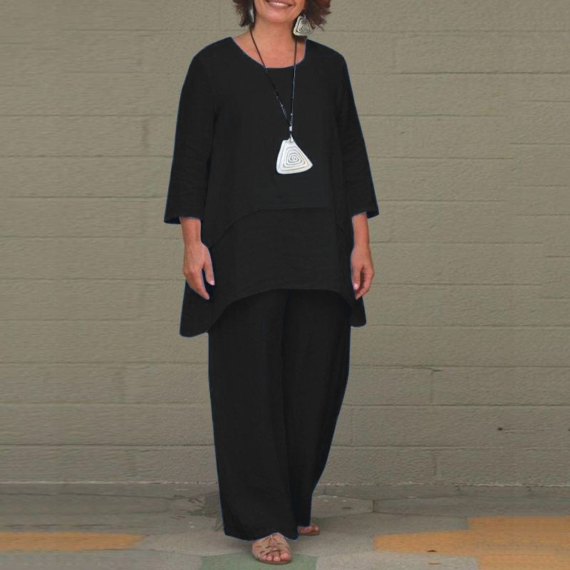 Damen Lässiges Zweiteiliges Leinen-Set mit Oversize-Tunika und weiter Palazzo-Hose Drune