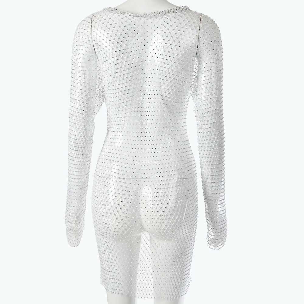 Damen glitzernder Netz-Bodysuit mit langen Ärmeln und figurbetontem Schnitt Drune