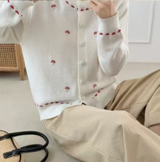 Damen Strickjacke mit floralem Stickdesign und Rundhalsausschnitt Drune