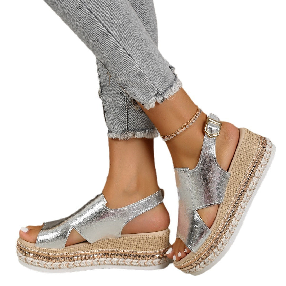 Damen Wedge-Sandaletten mit exklusivem Metallic-Finish und verstellbarem Riemendesign Drune