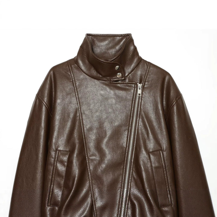Damen Kurze Kunstleder-Bikerjacke mit Stehkragen, asymmetrischem Reißverschluss und elastischem Saum Drune