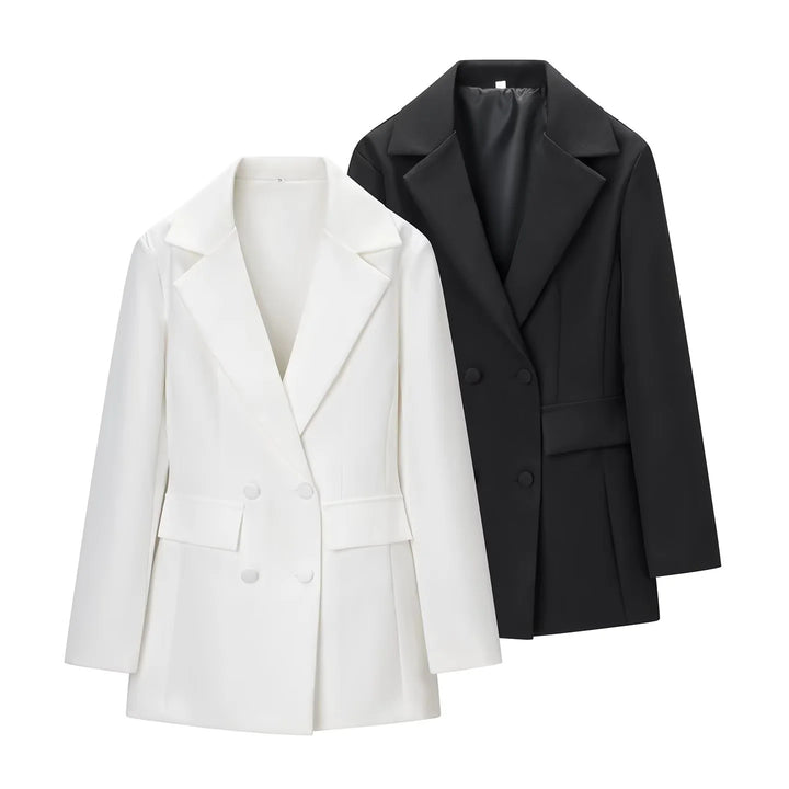 Damen nan taillierter Double-Breasted Blazer mit weitem Revers und Pattentaschen Drune