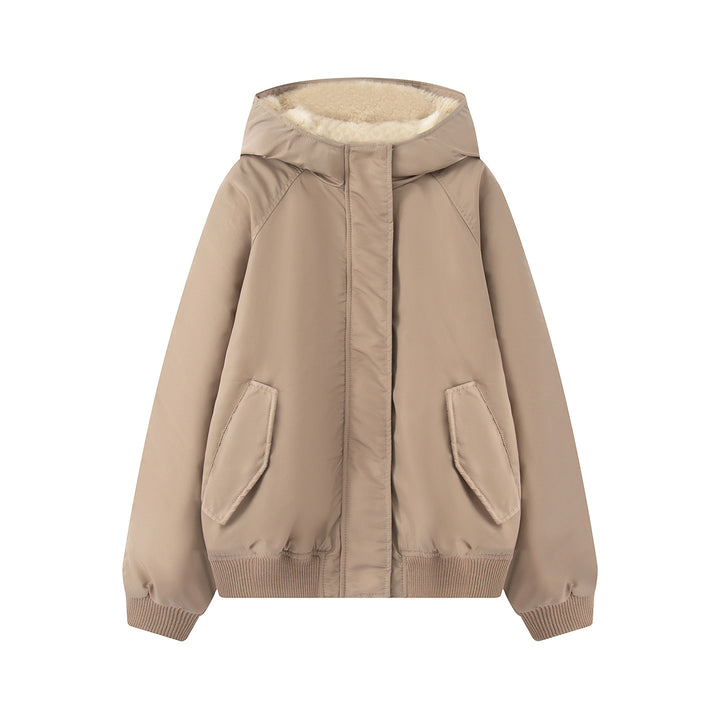 Damen nan wattierte Kapuzenjacke mit Teddyfutter, verdeckter Reißverschluss und Rippbündchen Drune