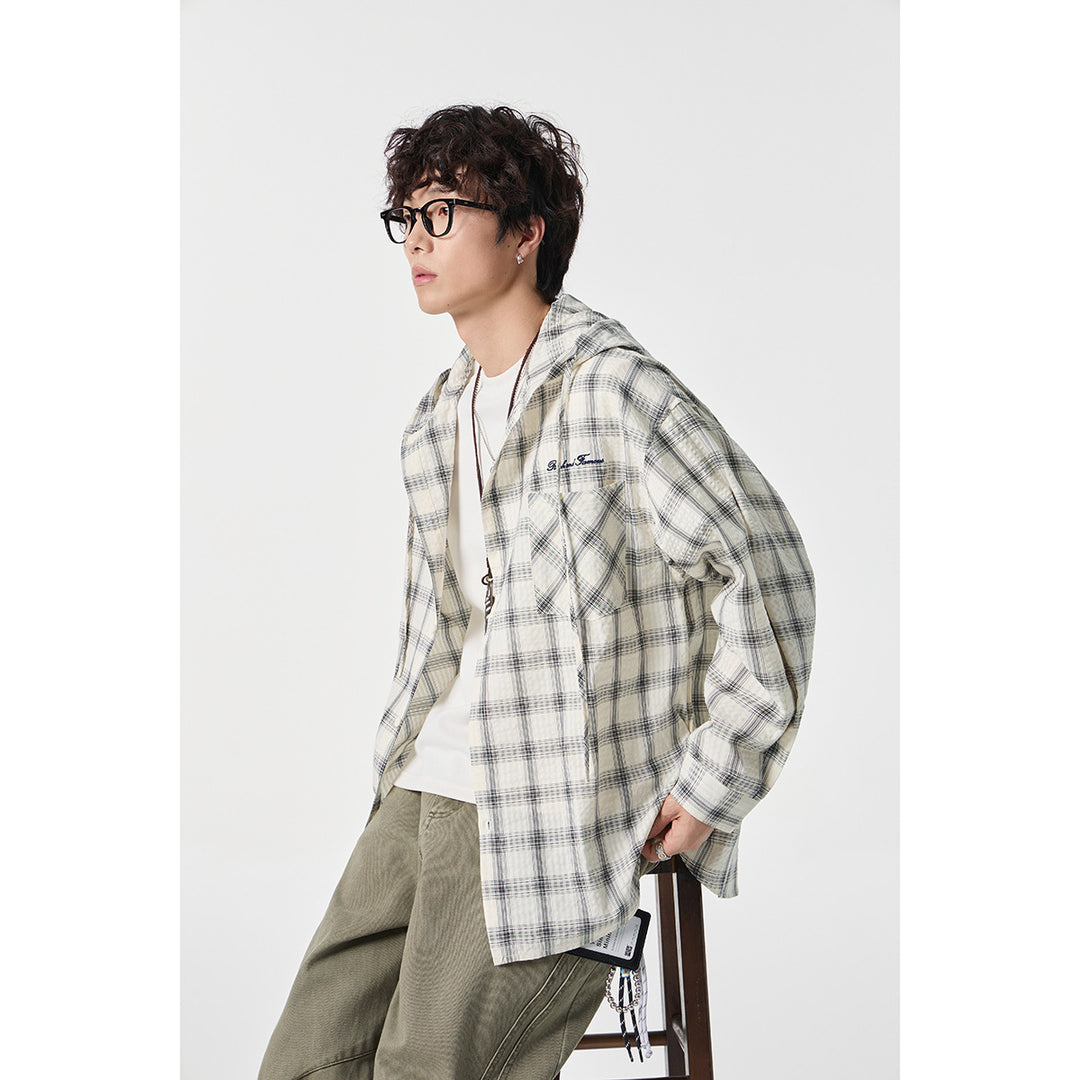 Unisex Kapuzen‑Overshirt im karierten Flanell‑Look mit Brusttasche und Knopfleiste Drune