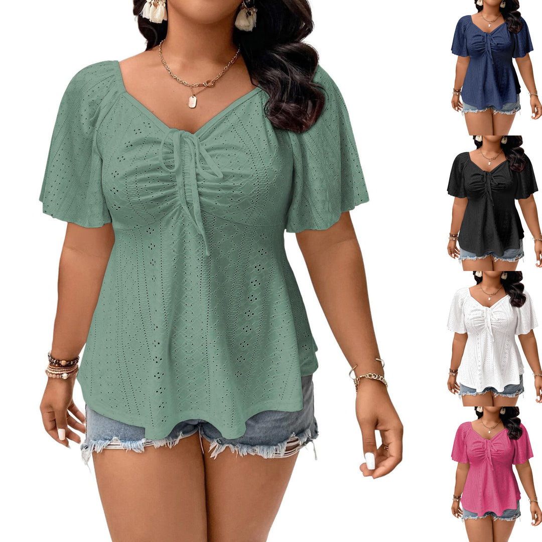 Damen A-Linien Boho-Bluse mit Lochstickerei, Raffung und Bindeband Drune