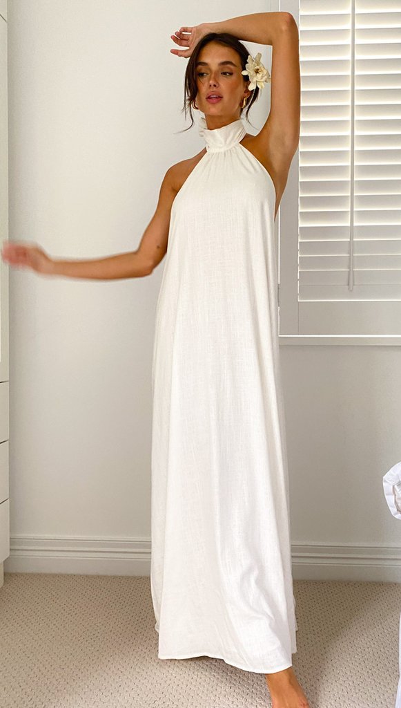 Damen Maxikleid mit eleganter Halterpartie und Taschen Drune