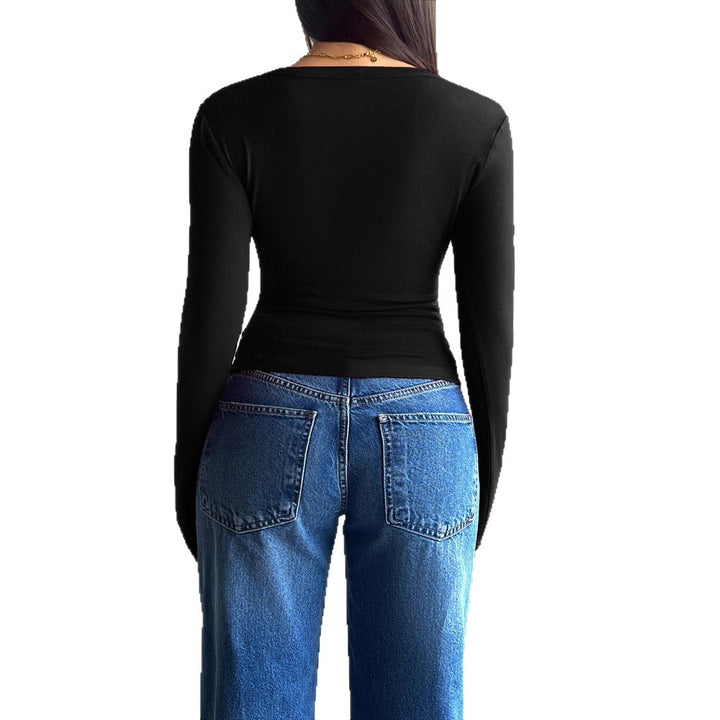 Damen figurbetontes Langarm-Top mit Knopfdetails Drune