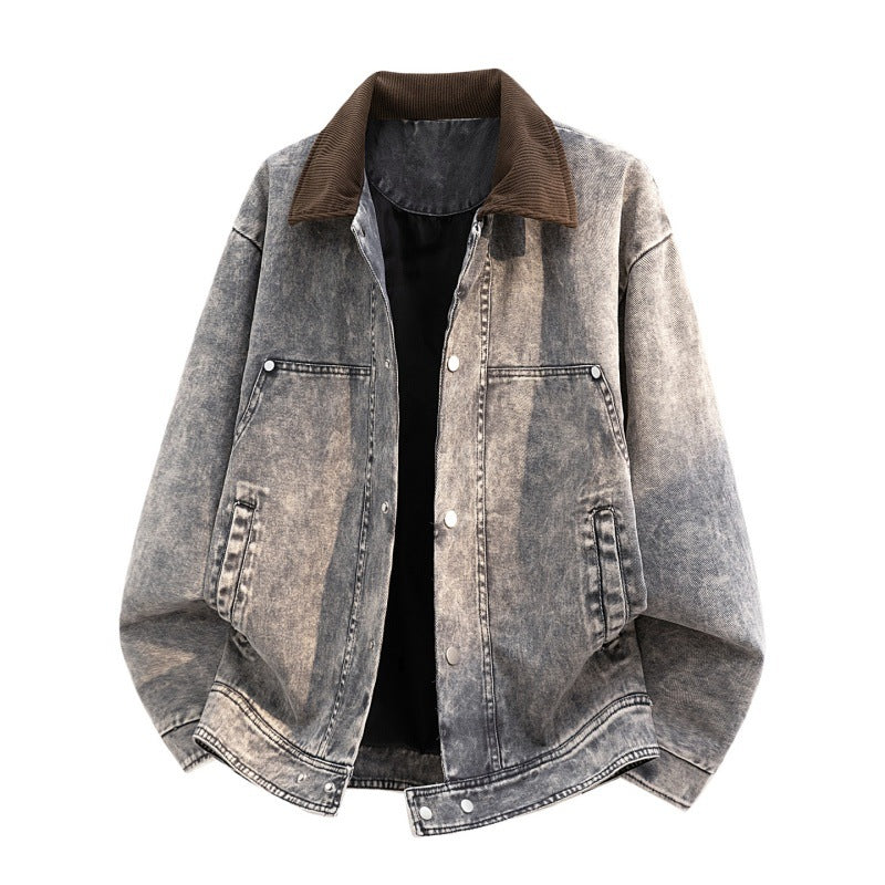 Herren Oversize-Jeansjacke im Used-Look mit Cordkragen & Druckknopffront Drune
