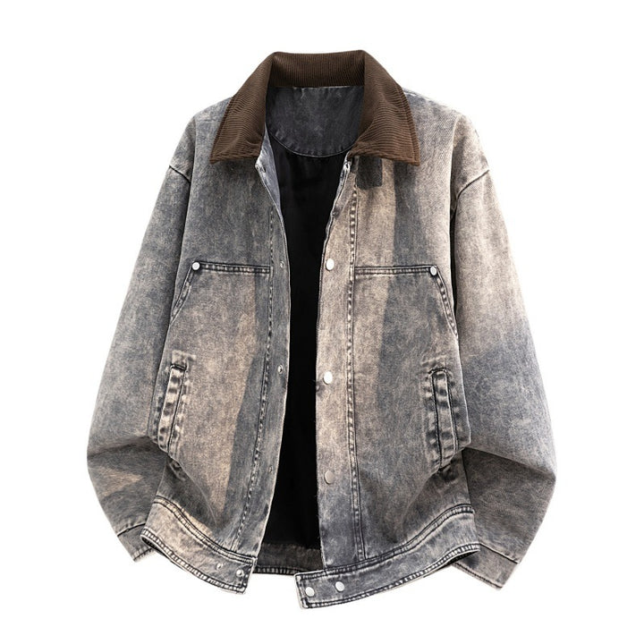 Herren Oversize-Jeansjacke im Used-Look mit Cordkragen & Druckknopffront Drune