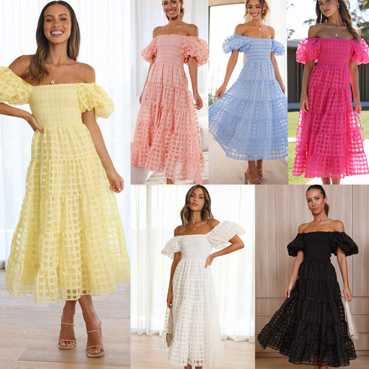 Damen Maxikleid mit luftigen Puffärmeln und gerafftem Oberteil Drune