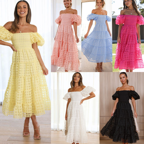 Damen Maxikleid mit luftigen Puffärmeln und gerafftem Oberteil Drune