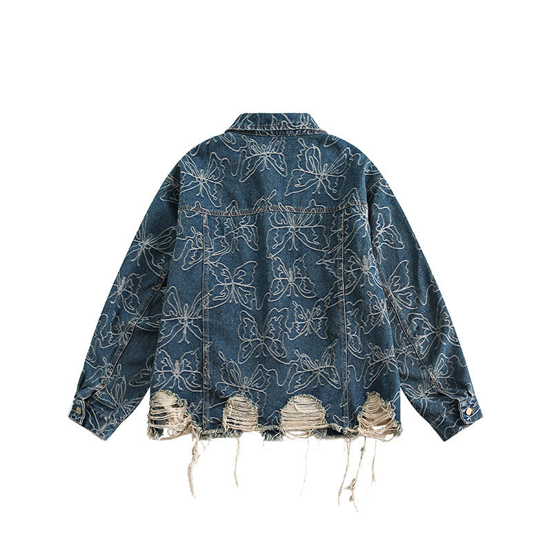 Unisex Oversize-Jeansjacke mit floraler Stickerei, Kontrastpaneelen und ausgefranstem Saum Drune