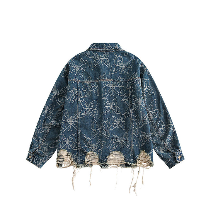 Unisex Oversize-Jeansjacke mit floraler Stickerei, Kontrastpaneelen und ausgefranstem Saum Drune