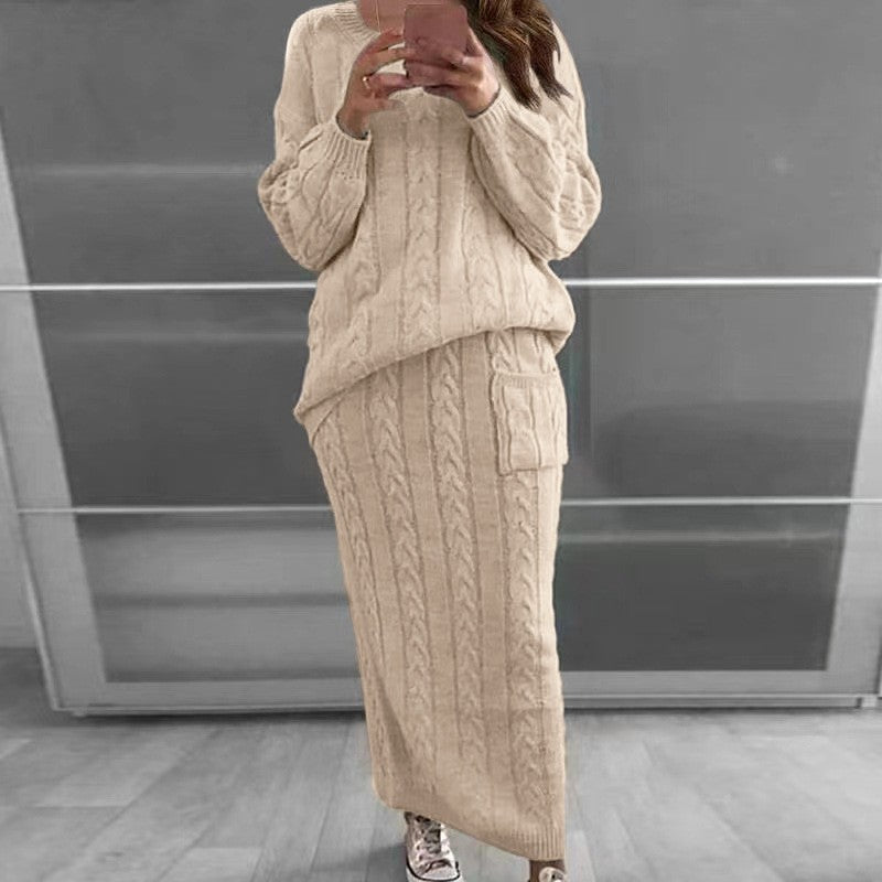 Damen nan Strickset Oversized Zopfmuster-Pullover und Maxi-Bleistiftrock mit aufgesetzter Tasche Drune
