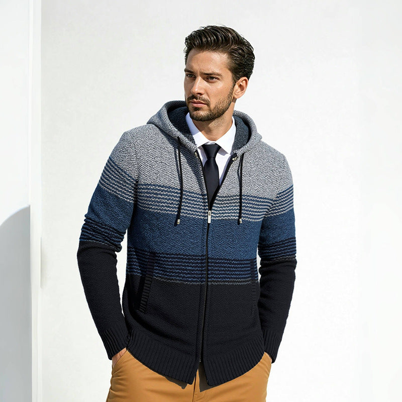 Herren Kapuzen-Strickzipjacke mit farbverlaufendem Blockstreifenmuster und thermischer Struktur Drune