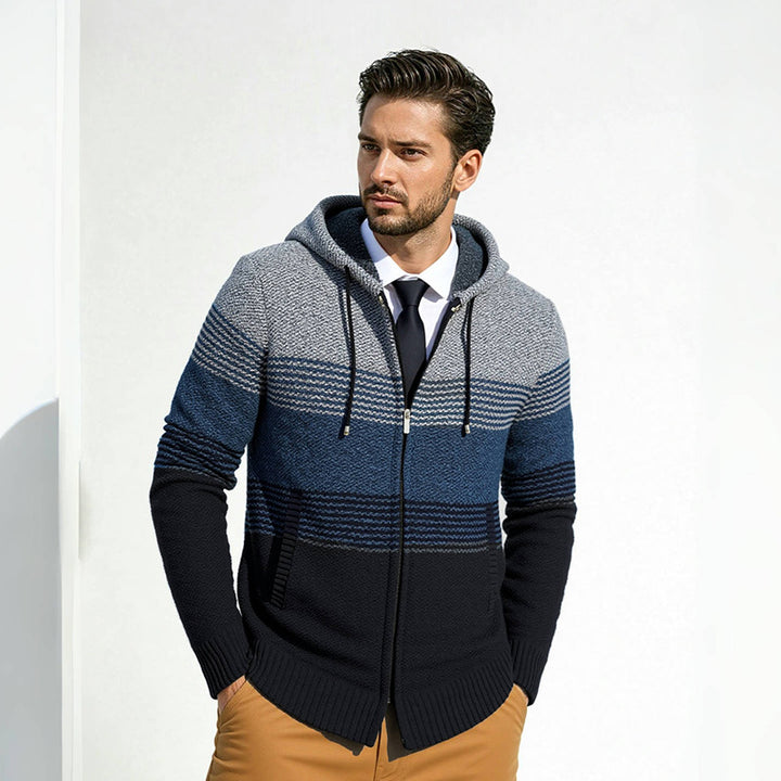 Herren Kapuzen-Strickzipjacke mit farbverlaufendem Blockstreifenmuster und thermischer Struktur Drune
