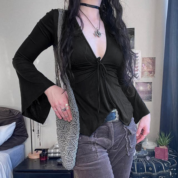 Damen Wickeloberteil mit voluminösen Ärmeln und raffinierten Knotendetails Drune