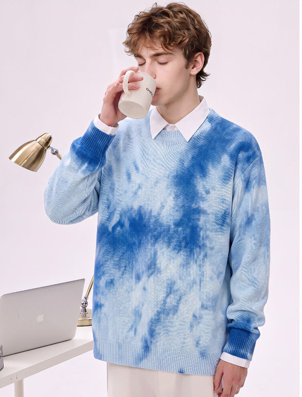 Herren Oversize-Strickpullover mit Batikoptik, Rundhalsausschnitt und Rippbündchen Drune