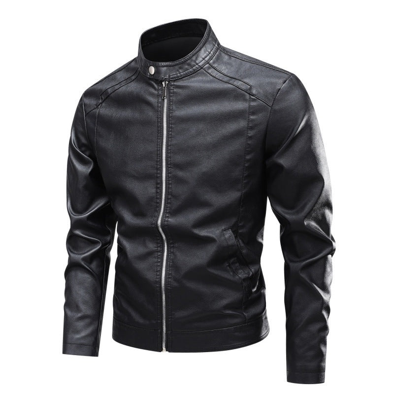 Herren Modische Lederjacke mit Stehkragen und praktischen Reißverschlusstaschen Drune