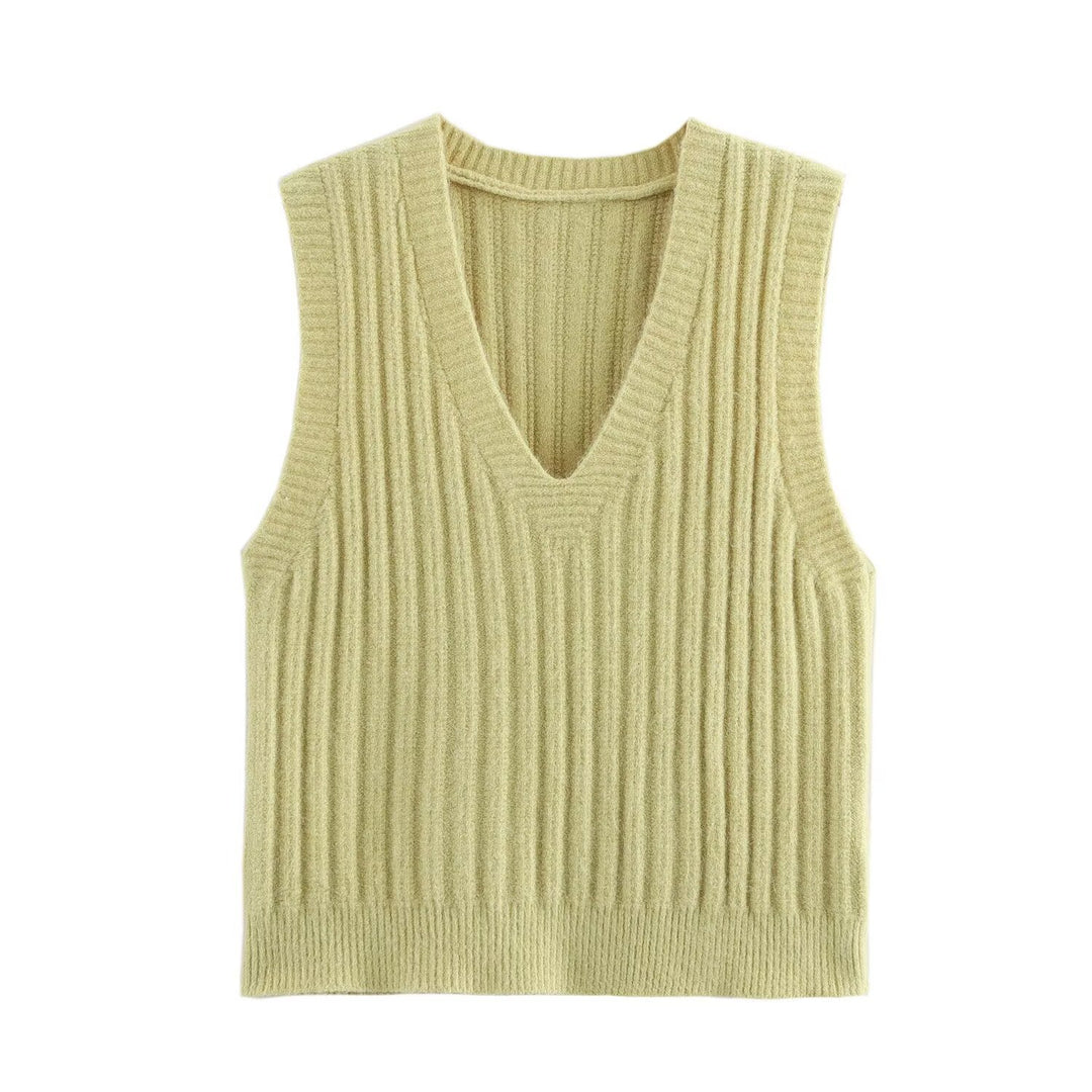 Damen V-Ausschnitt Rippenstrick Ärmelloser Pullover Drune