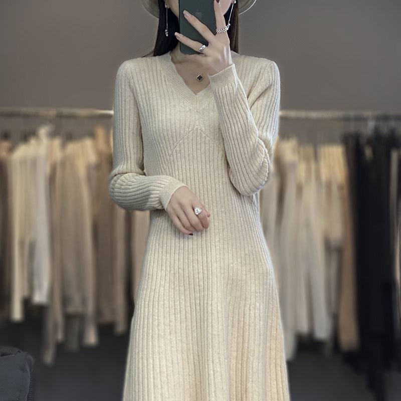 Damen Langes geripptes Strickmidikleid mit taillierter Silhouette und A‑Linien-Rock Drune