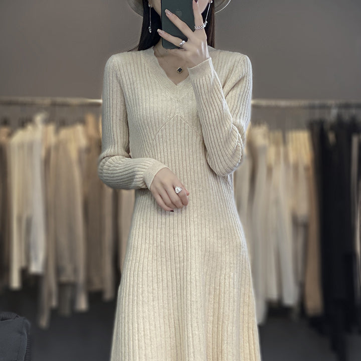 Damen Langes geripptes Strickmidikleid mit taillierter Silhouette und A‑Linien-Rock Drune