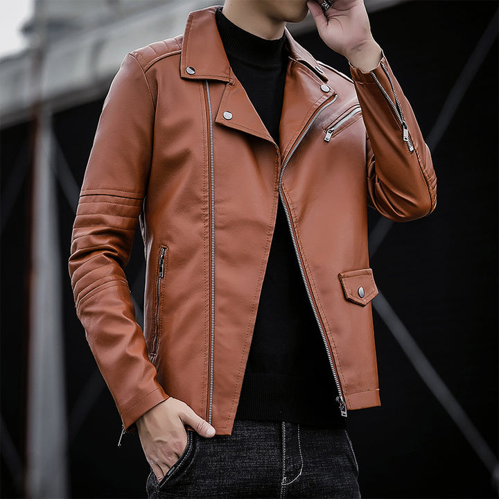 Herren schmal geschnittene Kunstleder-Motojacke mit gesteppter Schulter- und Ärmeldetail Drune