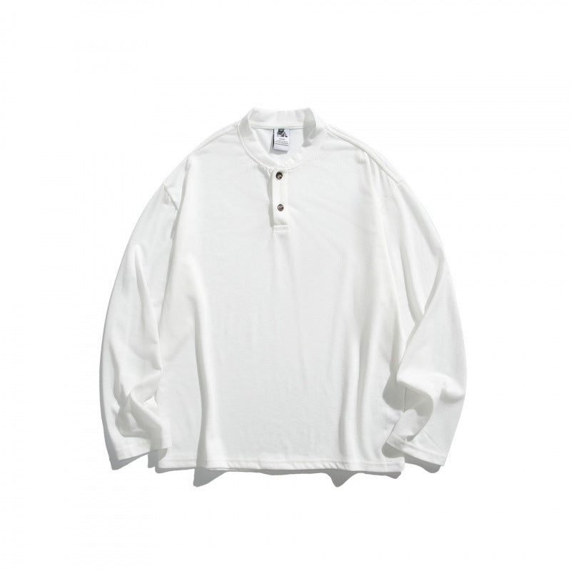 Unisex Lockere Henley-Longsleeve mit Stehkragen und Waffelstruktur Drune