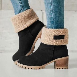 Damen Kurzschaft-Stiefelette mit Teddyfutter, Blockabsatz und Profilsohle Drune