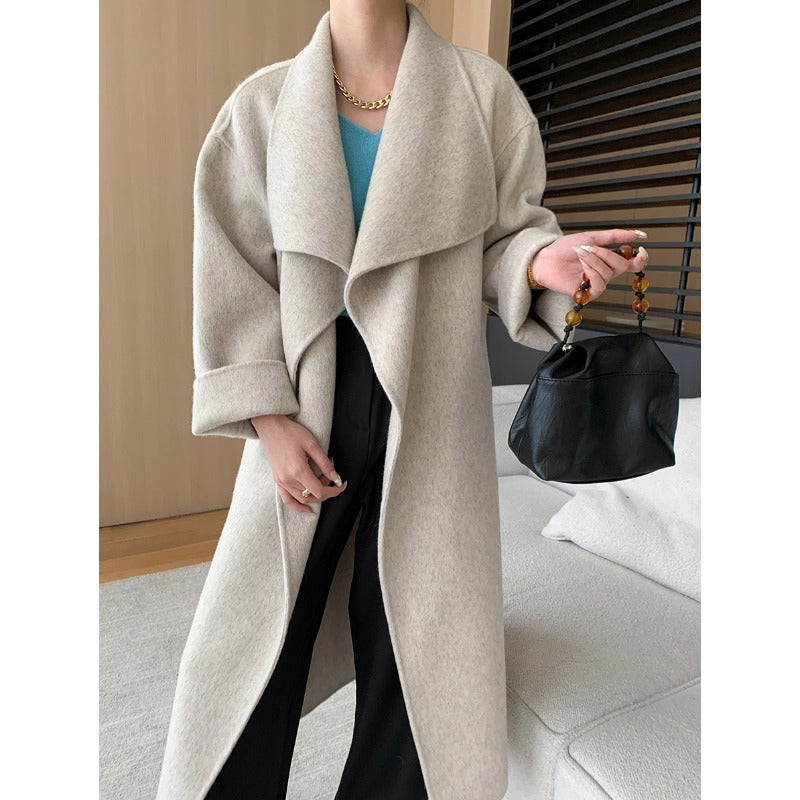Damen eleganter Wickelmantel aus weichem Wollmix mit Gürtel Drune