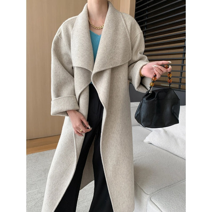 Damen eleganter Wickelmantel aus weichem Wollmix mit Gürtel Drune