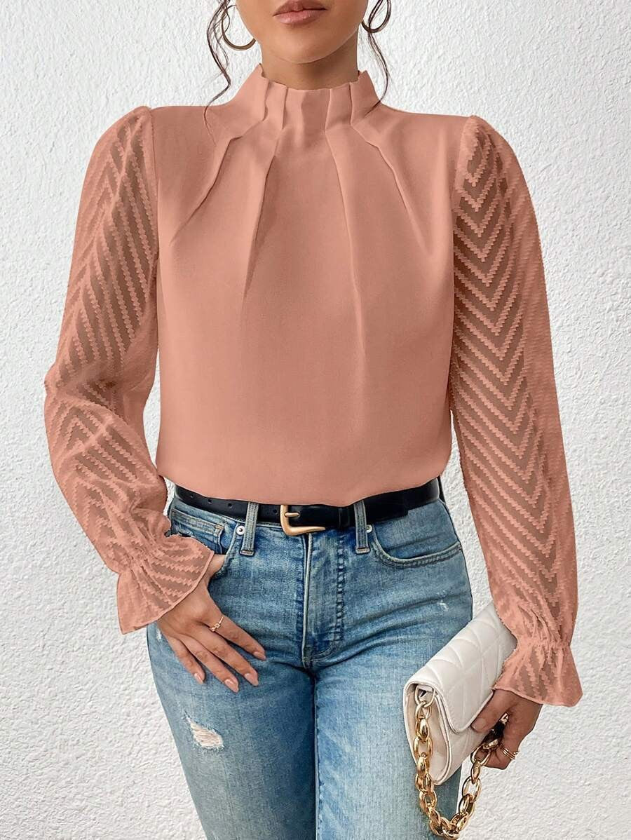 Damen elegante Bluse mit strukturierten Ärmeln und hohem Kragen Drune