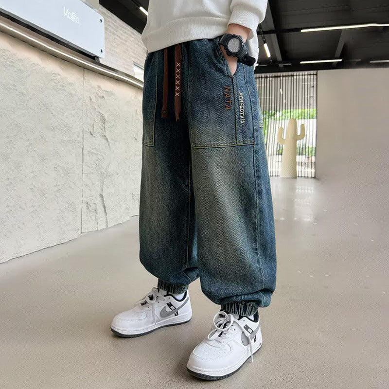 Unisex weite Denim-Hose mit elastischen Bündchen und großen Taschen Drune