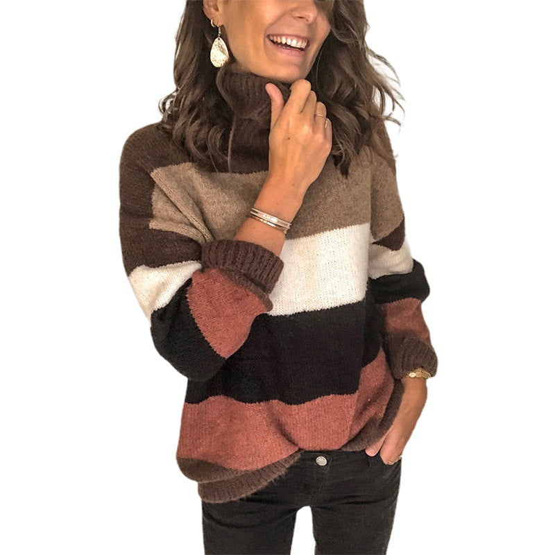 Damen Oversize-Blockstreifen-Rollkragenpullover aus fluffigem Strick Drune