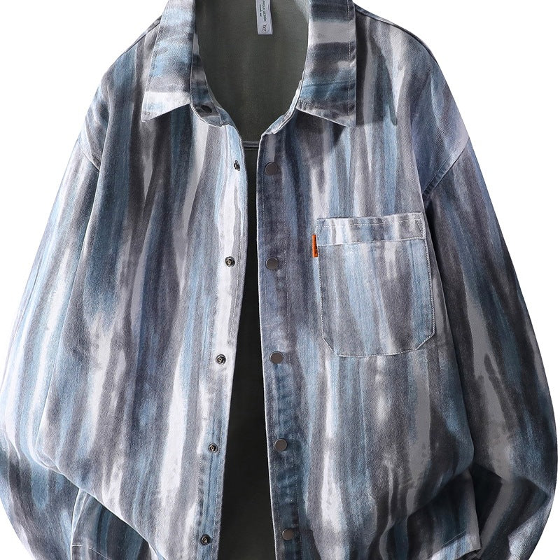 Herren Oversize-Überhemdjacke im Aquarell‑Streifenlook mit Brusttasche & softem Baumwollmix Drune