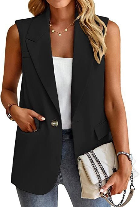 Damen ärmellose Blazerjacke mit Taillenakzenten und praktischen Taschen Drune